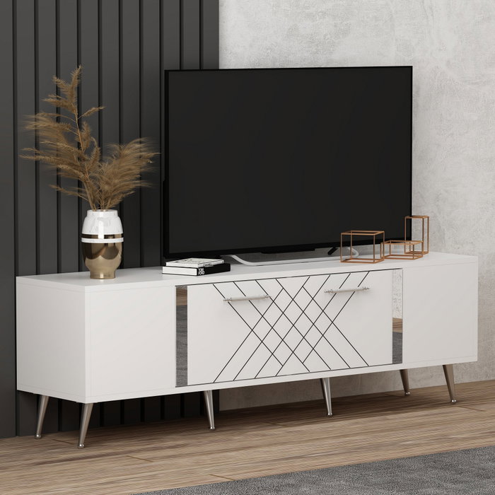Hanah Home Soporte de TV Blanco y Plata con Diseño de Rombos